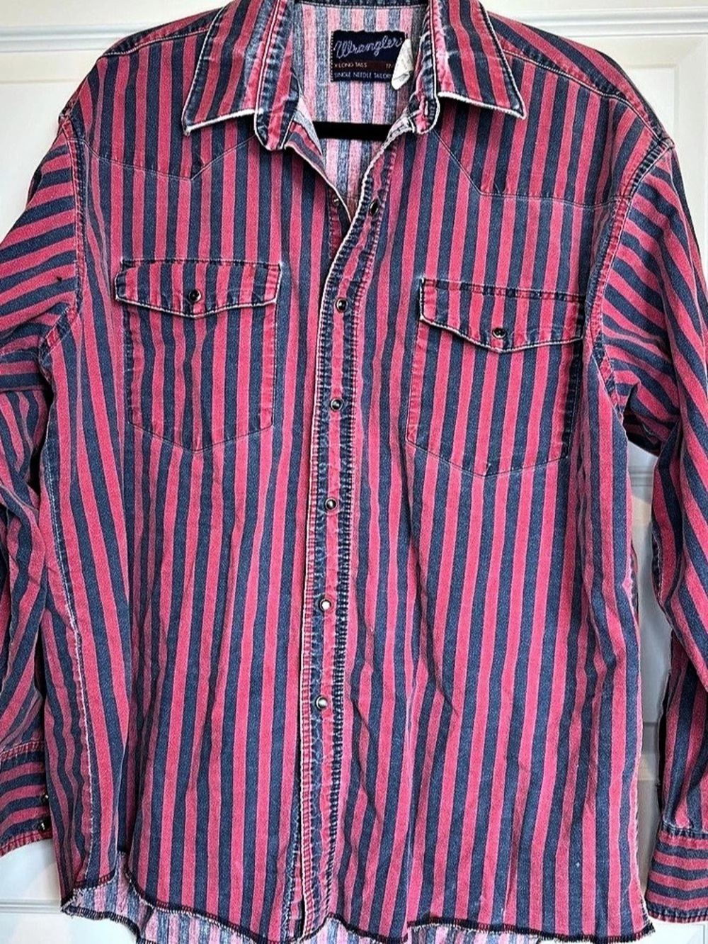 VTG Wrangler Shirt Striped Pearl Snap Brushpopper Workwear Rodeo XL Red/Navy USA